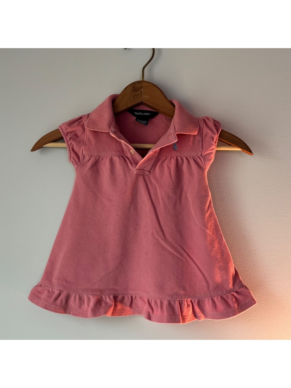 Ralph Lauren Baby Girls Polo Dress 18M Pink Pique Ruffle Hem Cap Sleeve